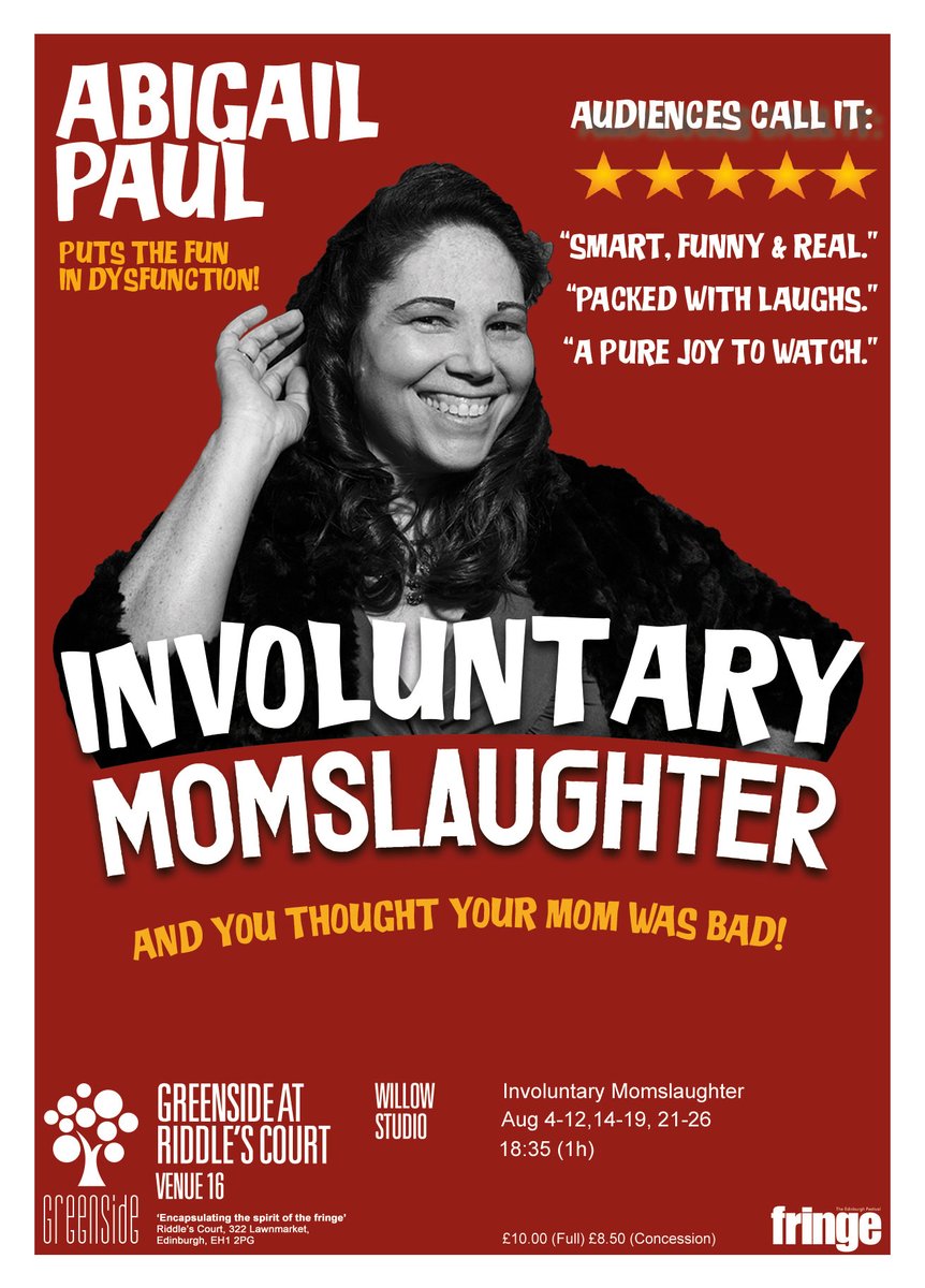 @PearProductions @godcatchermt If a musical, a TED Talk and a True Crime Podcast had a baby that made you laugh for an hour straight that would be Involuntary Momslaughter. It's visual emotional, cerebral, musical, hysterical and disrespectful. At least three major jaw drops guaranteed! tickets.edfringe.com/whats-on/abiga…