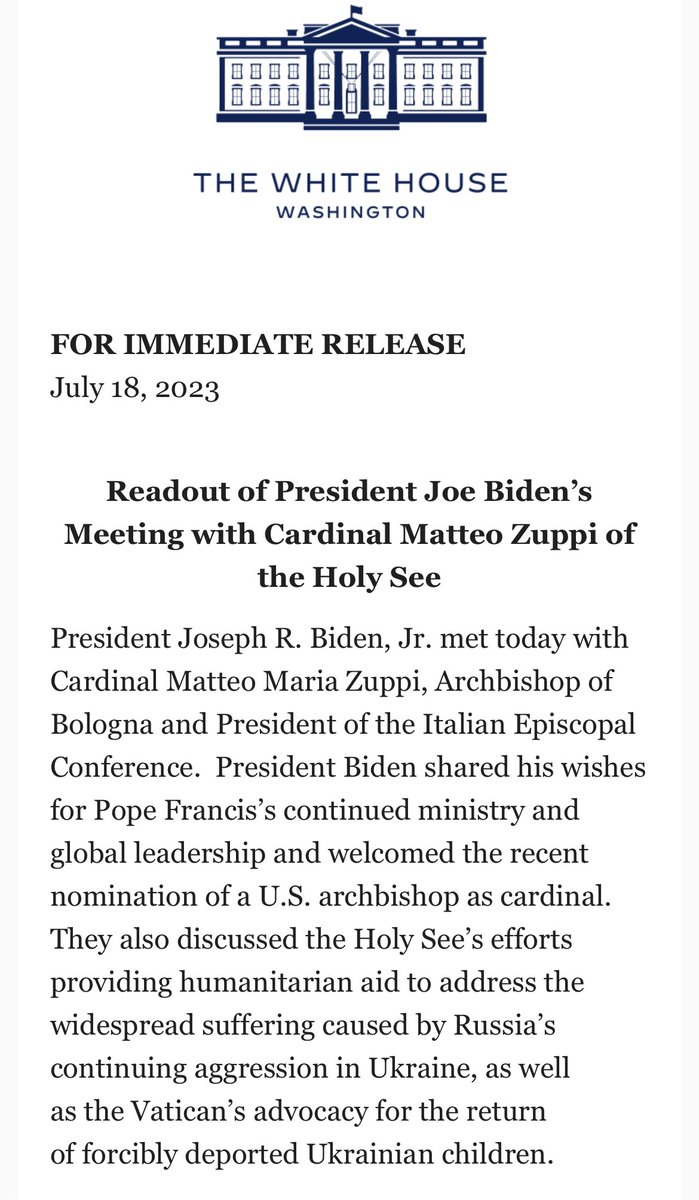 RT @cwwhiteNCR: White House read out on Biden’s meeting with Cardinal Zuppi, Pope Francis’ peace envoy: https://t.co/vOkzFUQHr2
