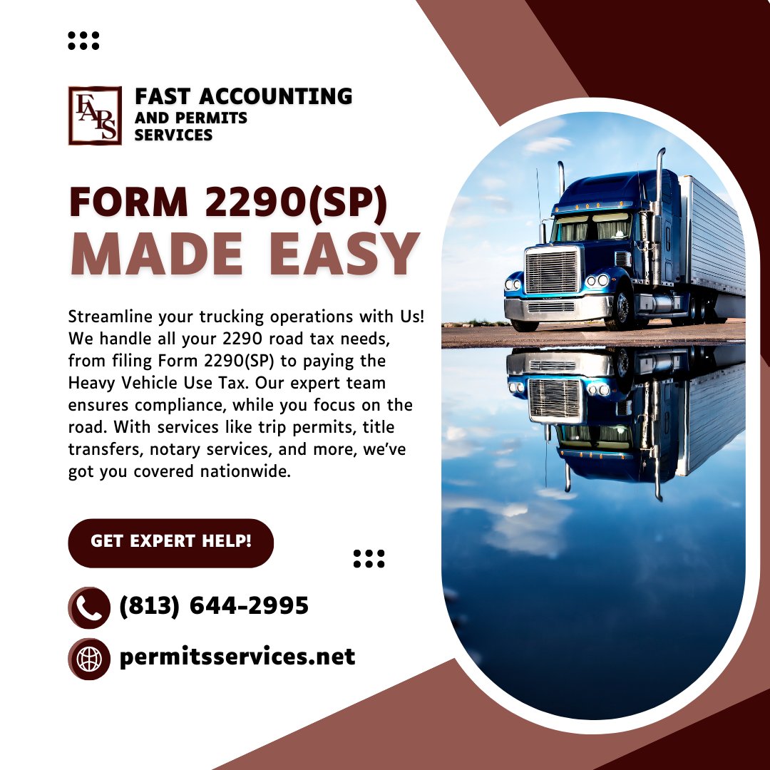 Need help with Form 2290(SP) and Heavy Vehicle Use Tax? We have you covered! Streamline your trucking operations with expert assistance. 

Dial (813) 644-2995 or visit permitsservices.net for hassle-free trucking.

#TruckingPermits #Form2290 #ExpertAssistance