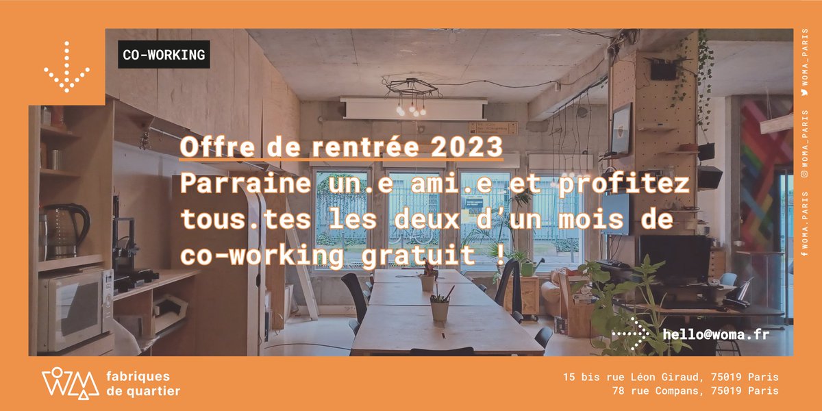 Envie de partager ton espace de coworking à la rentrée ?  WoMa lance son offre de parrainage🧚. 
Tu peux parrainer une personne de ton entourage pour la rentrée, et bénéficiez tous.tes les deux d’un mois de co-working offert !🤩
✉️ Tu as déjà une personne en tête → hello@woma.fr