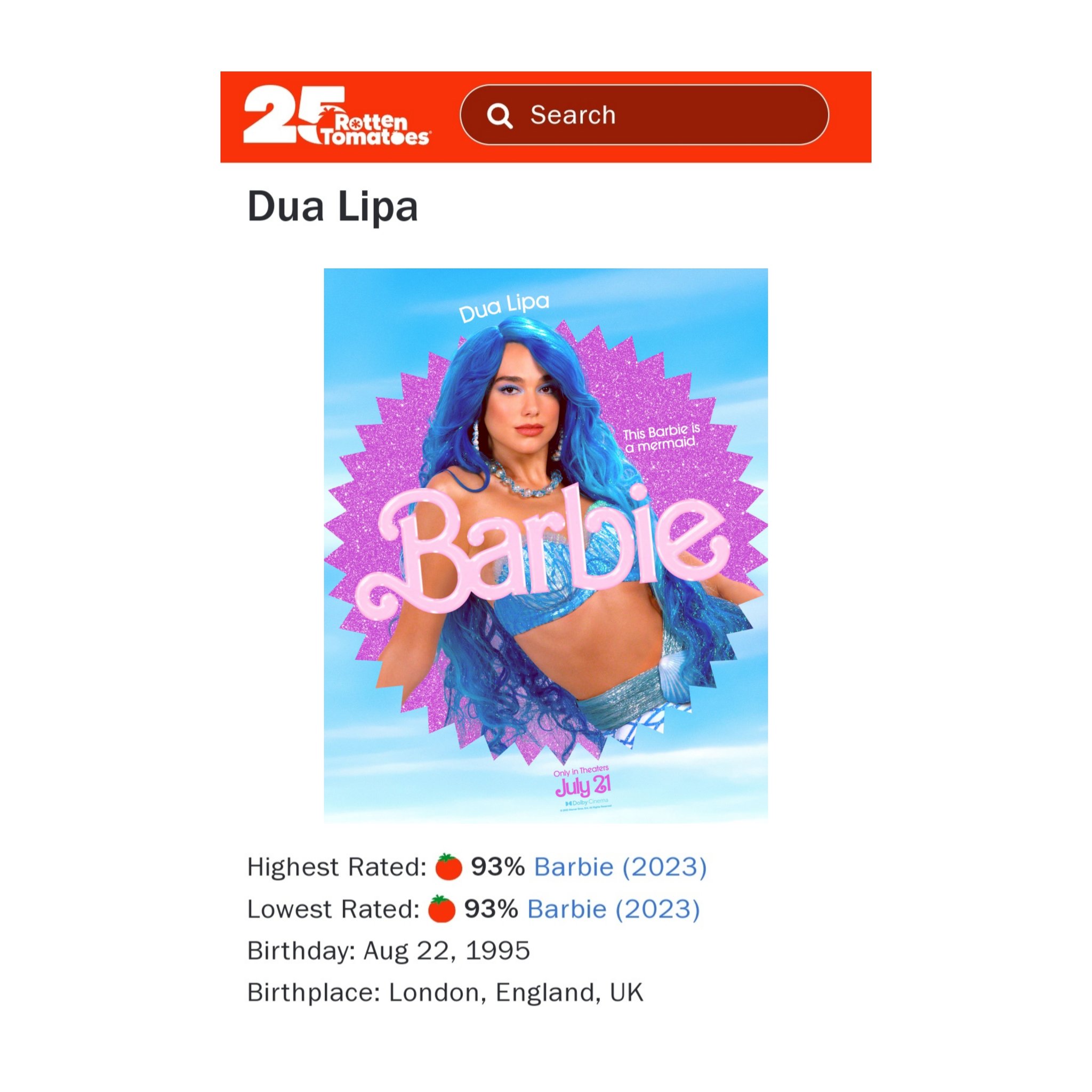 Dua Lipa Hungary on X: 📈  #Barbie debuted with a perfect score of 91% on  @RottenTomatoes — It currently has a score of 93%! — It's @DUALIPA's debut  role on the