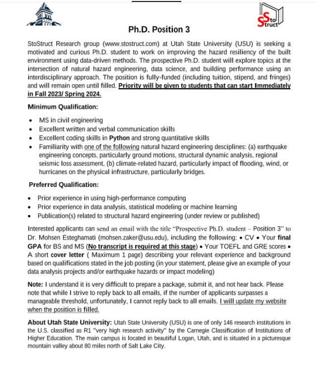 Grad_School_Hub's tweet photo. 'My group at Utah State University is looking to hire another Ph.D. student. Please see the advertisement and apply if it "closely" matches your skillset and academic aspiration. Also, please note (1) that you do not need to send your transcripts (official or unofficial) at this stage: Just indicate your GPA on your CV or email, (2) Unfortunately, often the number of emails makes it impossible to respond back to everyone, but I try to answer to as many people as possible, (3) Priority will be given to students that can start as soon as possible.'-Prof. Mohsen Zaker Esteghamati.