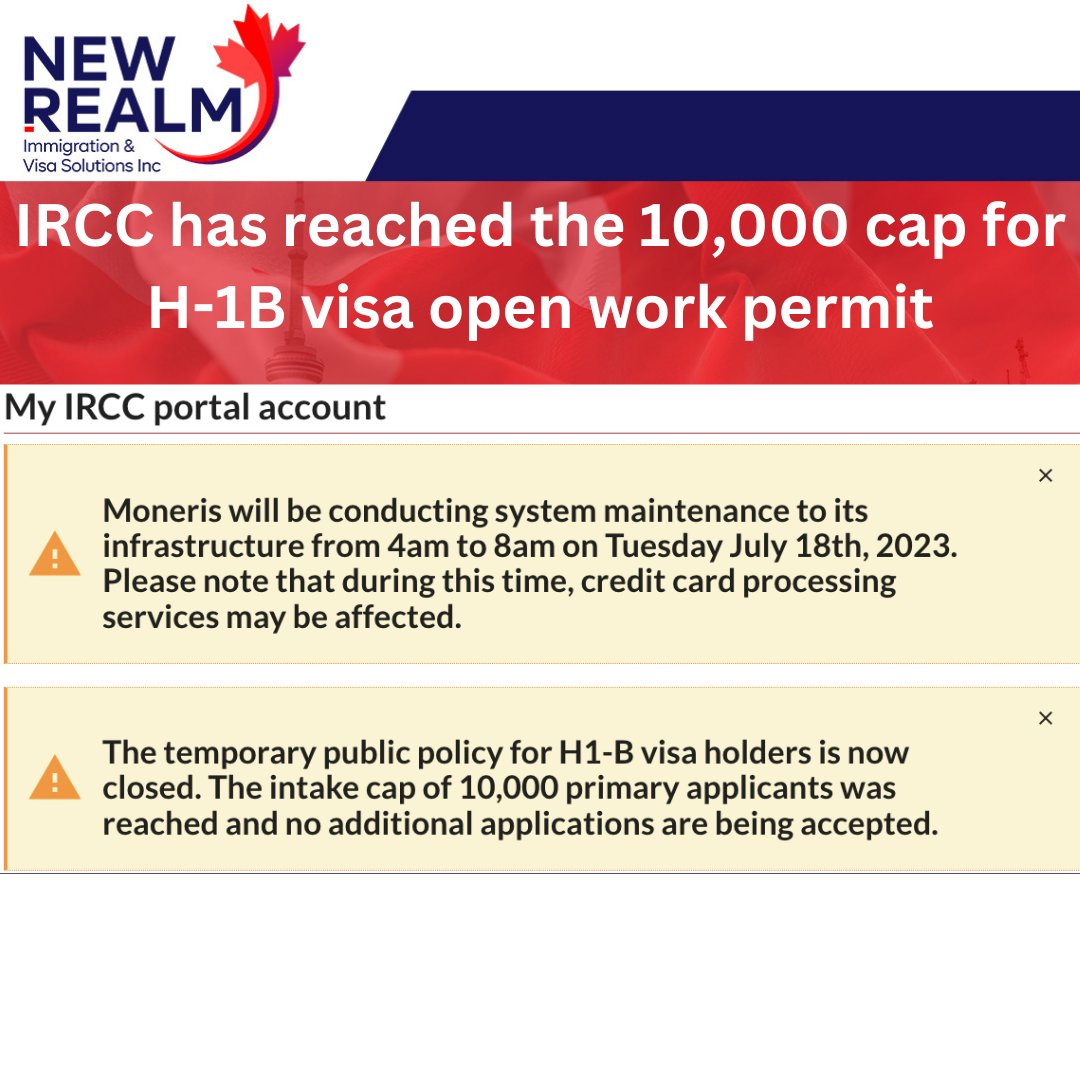 Realmvisa's tweet image. IRCC has reached the 10,000 cap for an H-1B visa open work permit. The cap was reached within 48 hours of opening

#H1bvisa #openworkpermit #visa #US #unitedstates #tfw #temporaryforeignworkers #immigrantsinamerica # immigrantsinus #worker #Canadaus #uscanada #agreement