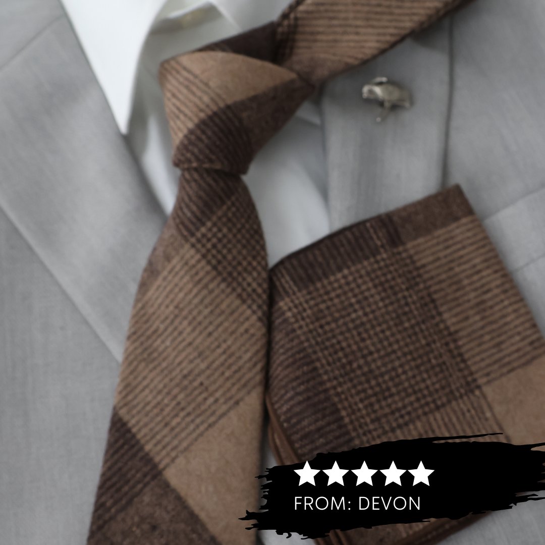 Shop now at Tie Mood and embrace the timeless charm of the Brown Plaid Tie. Upgrade your style game today! #BrownPlaidTie #ElevateYourStyle #TimelessFashion #browntie #ties #tie #neckties #necktie #tiesets #mensties #fallweddings #mensfashion #mensstyle #menswear #pocketsquare