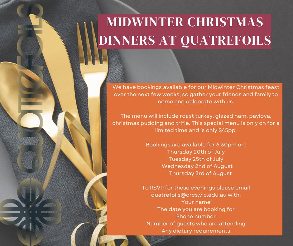 Quatrefoils dinners are back! Book now. Further info in the post :)