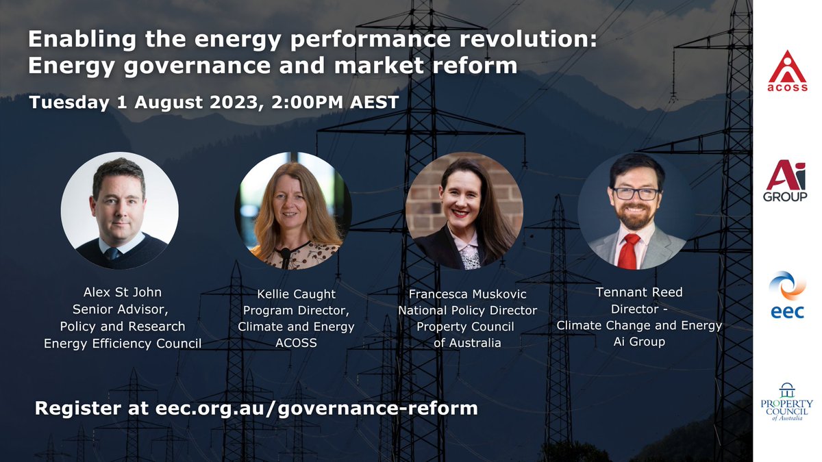 EECouncil's tweet image. We’re joining @ACOSS, @the_aigroup and @PropertyCouncil to unlock the demand-side benefits of Australia’s #energysystem.

Read more and get involved at eec.org.au/governance-ref…