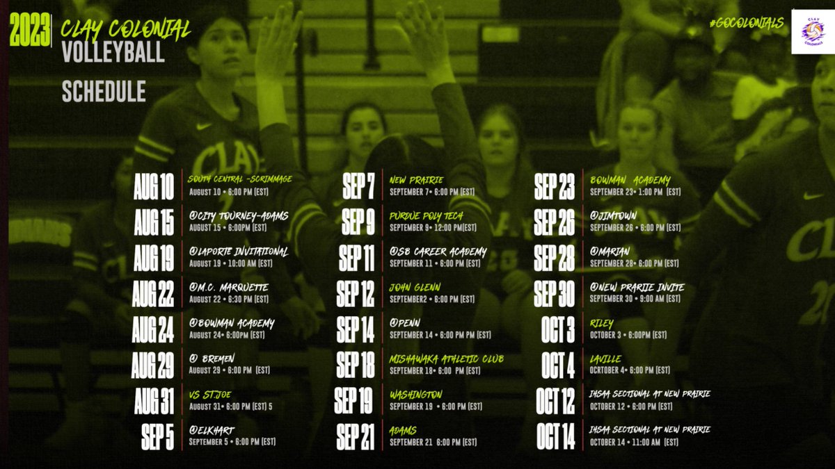 2023 Clay Volleyball Schedule. GO COLONIALS!