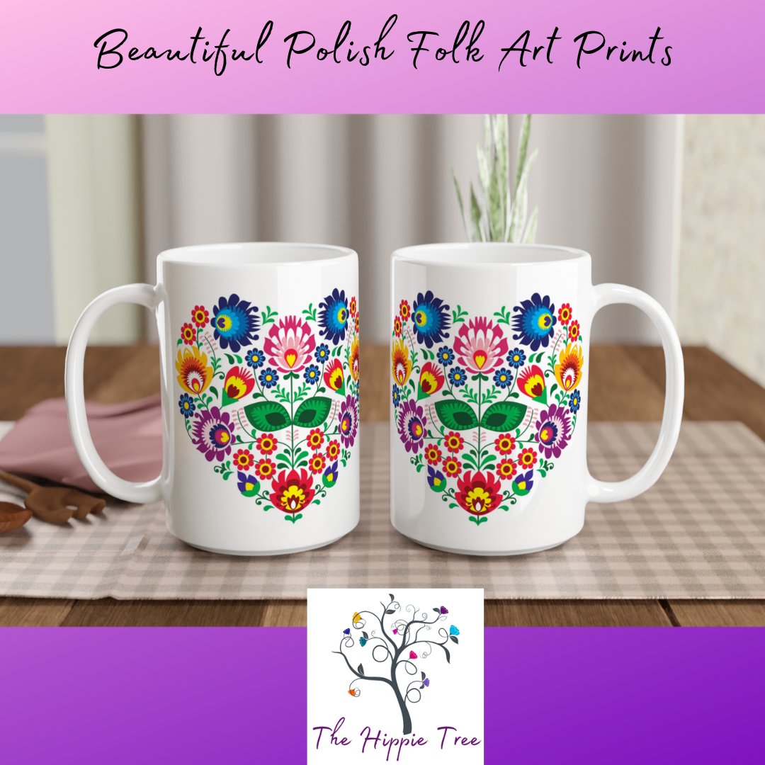 Indulge in the captivating allure of Polish folk art with our exquisite heart-shaped prints adorning our 15 oz ceramic mugs. #polishfolkart #shopping #sale #art #newcollection #shop