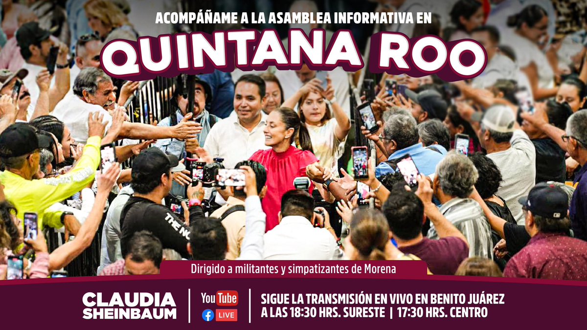 Construyamos juntas y juntos la democracia de este país. Sigamos defendiendo la Cuarta Transformación y el gobierno del pueblo.

¡Únete a la Asamblea Informativa que realizaremos en Cancún, Quintana Roo!

Aquí la transmisión. #EnVivo

facebook.com/ClaudiaSheinba…