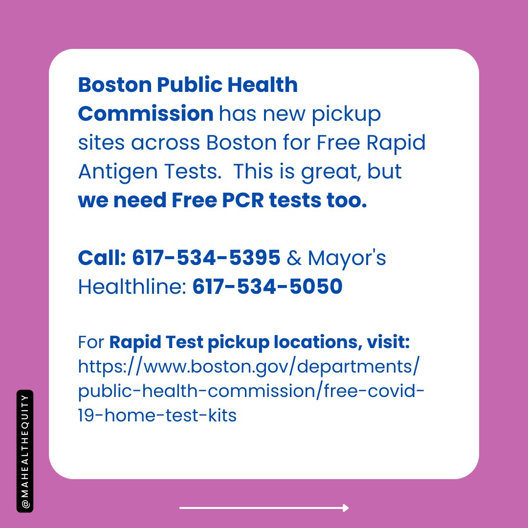 MAHealthEquity's tweet photo. Join us in calling the Boston Public Health Commission @HealthyBoston and @MayorWu Mayor's Healthline and tell them we need Free, Fast PCR
  
617 534 5395 

617 534 5050

#FreeFastPCR https://t.co/7q3ipKwyyX