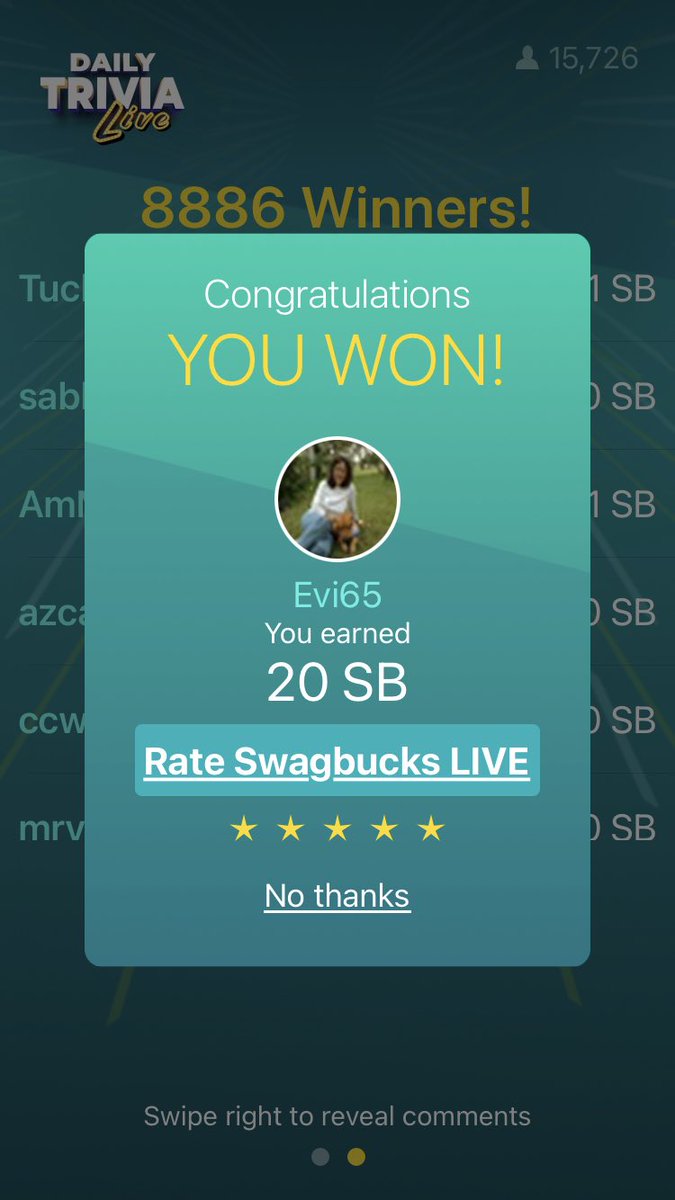 evi_bivins's tweet photo. @Swagbucks I just won tonight’s game!!! Yes! #SBBraggingRights https://t.co/TK4vs9heXD