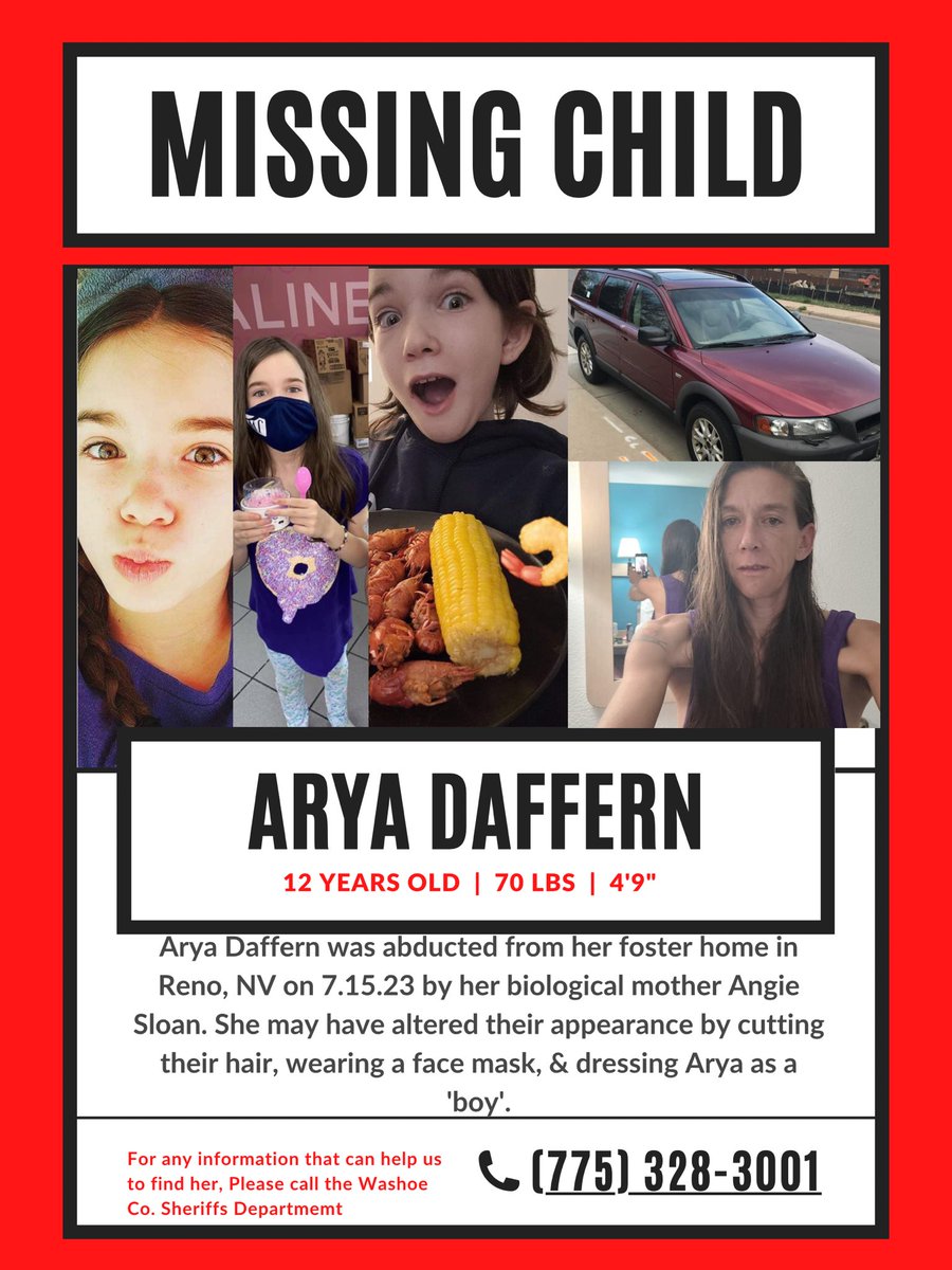 Please share! This is #MissingChild Arya Daffern who is the victim of a #ParentalAbduction and was kidnapped on 7.15.23 by Angie Sloan. Please RT! The @WashoeSheriff is being unresponsive to Arya’s family (@333_sc_333 ) & she has STILL not been reported as a missing child!