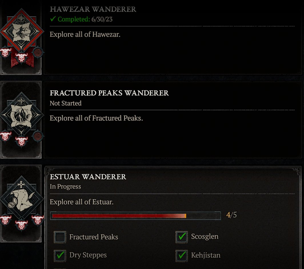 juanrocha180's tweet photo. Hey  @Diablo  @RodFergusson! I've completely explored all of the fractured peaks (along with the rest of the Estuar) but haven't unlocked Estuar Wanderer yet, I believe there might be a bug with this achievements progression? Currently playing on PC non-hardcore, thanks! https://t.co/EUrKJFLqLm