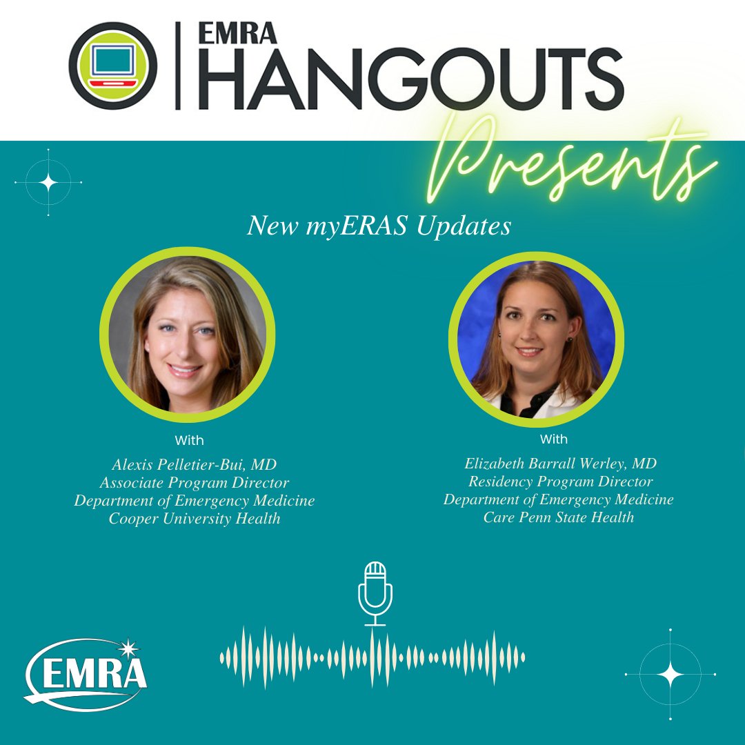 📣Join us TODAY, at 7 pm Central for EMRA Hangouts, our monthly webinar series geared toward medical students! In this month's Hangout, our speakers, Alexis Pelletier-Bui, MD, & Elizabeth Barrall Werley, MD, will discuss 'New myERAS Updates.' Register here-bit.ly/43wWVeF