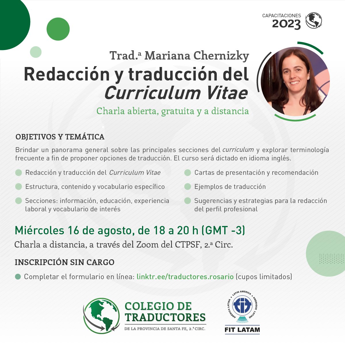 🟢 Charla: «Redacción y traducción del Curriculum Vitae» 👤💻

La actividad estará a cargo de la Trad.ª Mariana Chernizky y será dictada en inglés, con modalidad a distancia.

✍️ Inscripciones: bit.ly/Charla_TradCV

¡Los esperamos! 😄