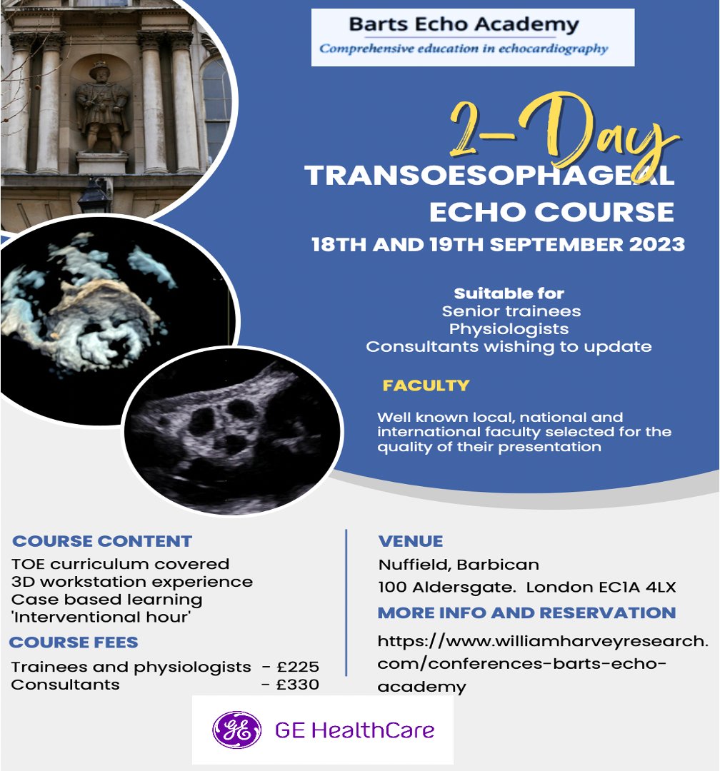 Barts TOE Course
Monday 18th &amp; Tuesday 19th September

Comprehensive Education:
Intubation &amp;  2D Views
3D 
Native &amp; Prosthetic Valves
Endocarditis
Masses
Congenital Heart Disease
Structural Intervention TOE - MitraClip, TriClip, PFO

Register below:
williamharveyresearch.com/conferences-ba…