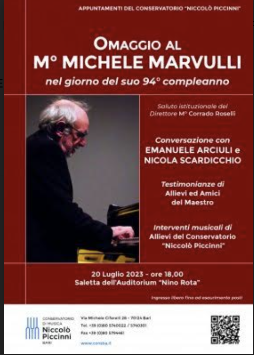 ninorota's tweet photo. Piccinni Conservatory, 20 July 2023 18.00, Bari, Italy.
The 94th birthday of Maestro Michele Marvulli, Nino Rota's favorite student. A conversation between Emanuele Arciuli and Nicola Scardicchio. https://t.co/oCTNIHehOl