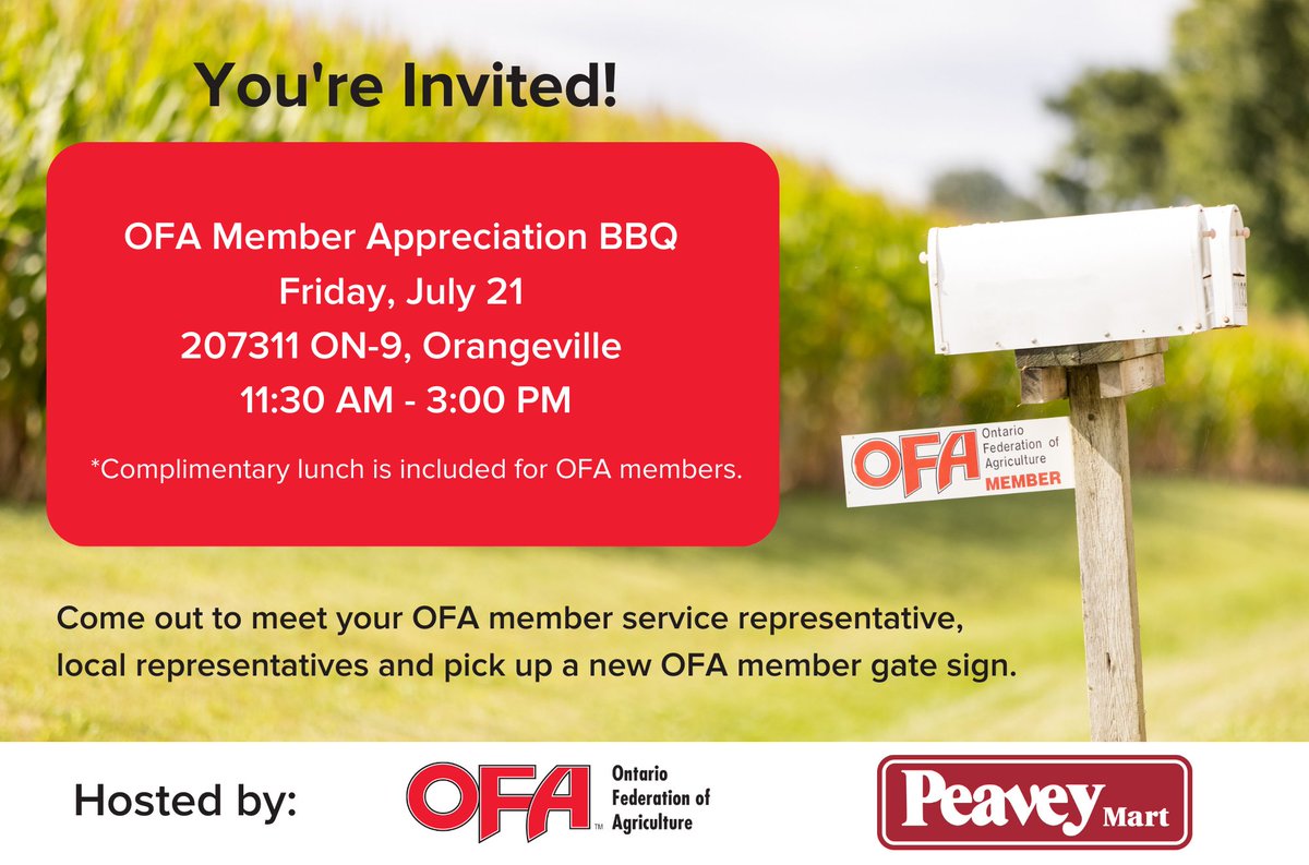 🚨Calling all OFA members near and surrounding Orangeville! You're invited to a Member Appreciation BBQ this Friday co-hosted by our benefit partner <a href="/PeaveyMart/">Peavey Mart</a>. Stop by the Orangeville Peavey Mart to meet your local OFA representatives and enjoy a complimentary lunch.🍔🌭
#ontag