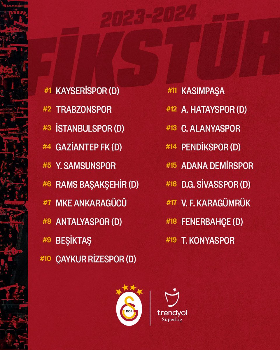 GalatasaraySK's tweet photo. 🗓️ Trendyol Süper Lig 2023-2024 Sezonu fikstürümüz belli oldu!

#Hedef24 🏆 https://t.co/zRgXKKXxpa