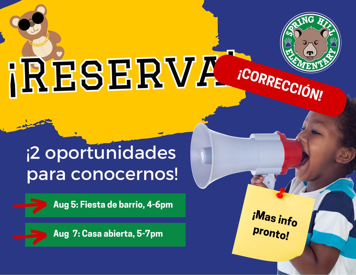 springhillelem's tweet photo. 📣 NEW DATE FOR OPEN HOUSE IS AUGUST 7! Spread the word! 💚🐻💙

#kcsregion5 #springhillpride #levelup #gobears https://t.co/pV3e6ok5fH