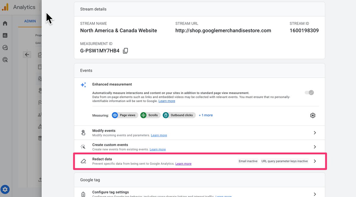 CharlesFarina's tweet photo. A new data redaction feature just rolled out to the GA4 demo account. 

It has two toggles. One is the auto-redaction of e-mail addresses. The other allows you to manually specify query parameters to redact. https://t.co/RXjKExXbVW