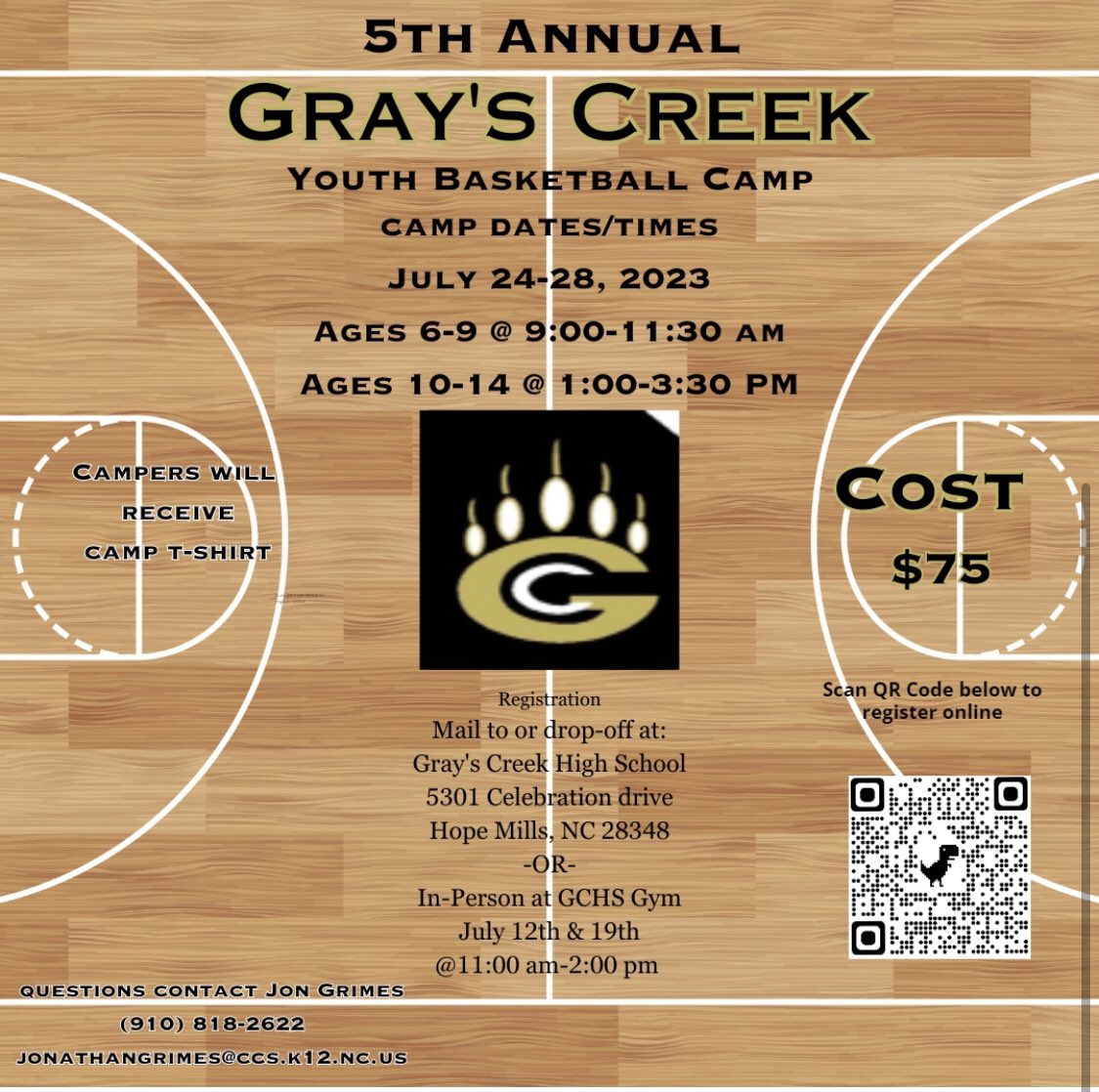 I will be back at Gray's Creek High School tomorrow at 11:00 am until 2:00 pm to register kids for youth basketball 🏀 camp. Registration is open for boys and girls from ages 6-14. Camp starts Monday July 24th. Hope to see you there!!