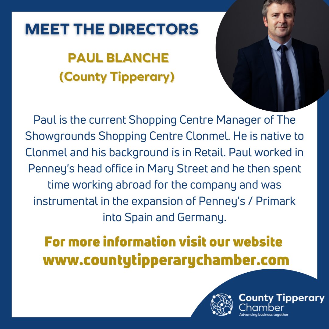 An opportunity to meet the board of directors and find out just a little bit more about what they do and their background.

For more information visit countytipperarychamber.com

First Up..
#directors #ctc #tipperary #findoutmore