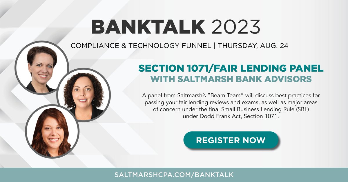 Join us for a #Section1071 panel to discuss #fairlending and more at #SaltmarshBankTalk!
👉Aug. 24 & Aug. 25 in Tampa, FL
👉Approved for 9 CERP, 8.75 CRCM & 3.75 CAFP credits
👉Register: saltmarshcpa.com/banktalk
#compliance #banking #bankingindustry #banks  #fairlending