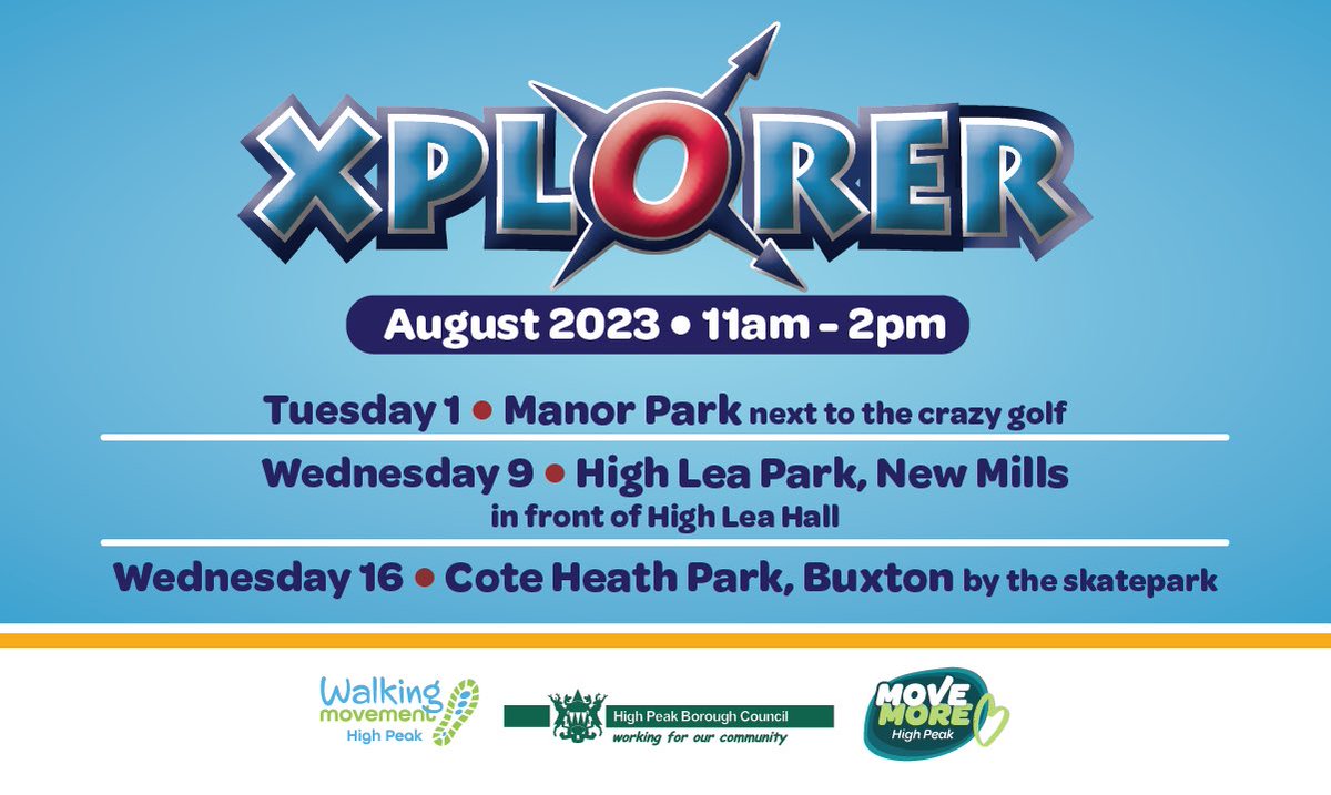 MoveMoreHP's tweet photo. ⭐️ Free Fun Xplorer activities for kids in High Peak Parks this Summer! 🌤️🌱🥳

🗺️ Explore the park🚶‍♂️Find the markers
✅ Complete the challenge🏅Win a Prize! 👏

See below for locations, dates &amp; times👇
#MoveMoreHighPeak https://t.co/W72w3RegG4
