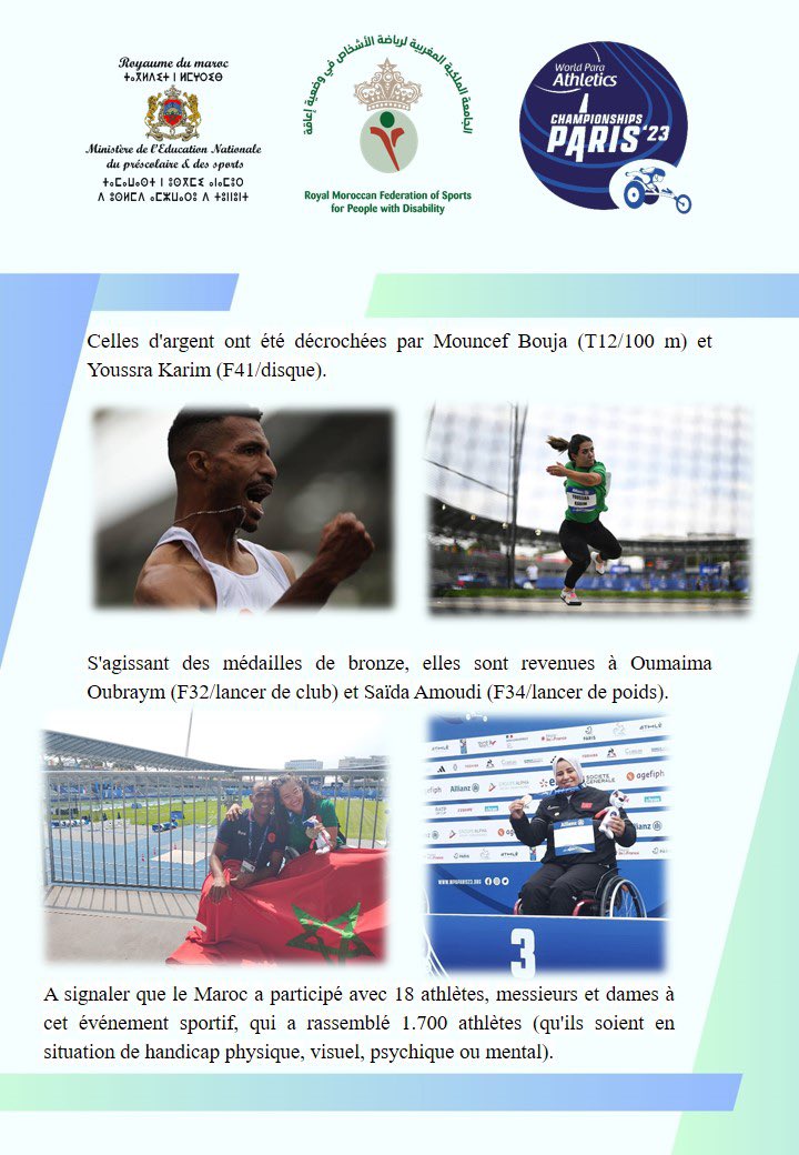 Conmmuniqué de presse de la Fédération Royale Marocaine des Sports pour Personnes en Situation de Handicap (FRMSPSH) sur la brillante participation de l’équipe nationale 🇲🇦 aux Championnats du monde para-athlétisme @wpaparis23 
Communiqué 👇