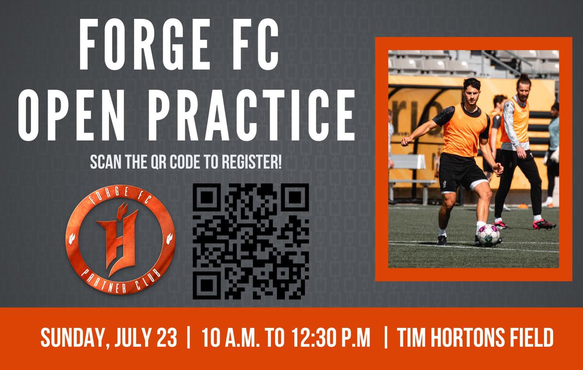 FDSCSoccer's tweet photo. 🚨🚨You’re invited!!! Register now to attend the @ForgeFCHamilton Open Practice this Sunday, July 23 at 10am at Tim Hortons Field. The event is free &amp; all are welcome. ⚽️

Scan QR code to register. Or you can register here: https://t.co/JVOdQB8P6z

#ForgeFC #ForgeFCHamilton https://t.co/qM2dari9bn