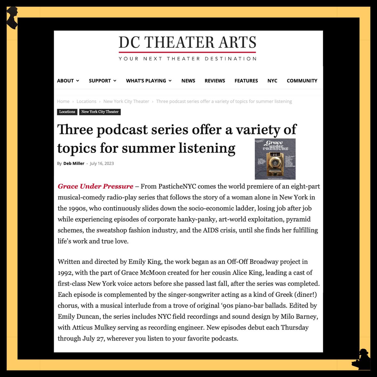 🗞 “Three podcast series offer a variety of topics for summer listening” - <a href="/dctheaterarts/">DC Theater Arts</a> 📰 

✨ GRACE UNDER PRESSURE ✨
🗞️ dctheaterarts.org/2023/07/16/thr…
.
.
.
#graceunderpressure #graceunderpressurepodcast #toppidcast #podcast #theaterpodcast #dctheaterarts #newpodcasts #podcasts