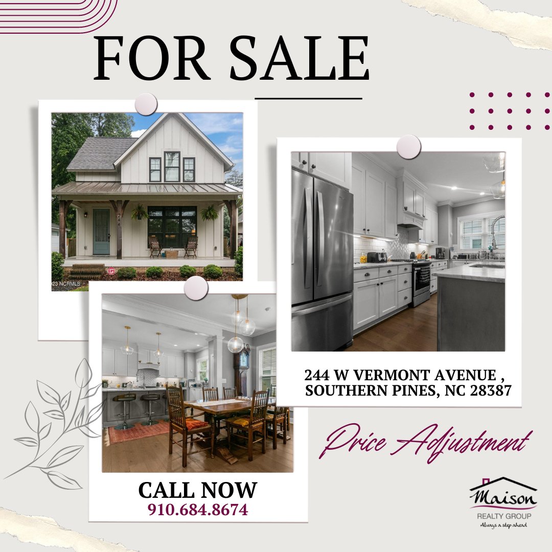 TheMaisonTeam's tweet image. 𝓟𝓻𝓲𝓬𝓮 𝓐𝓭𝓳𝓾𝓼𝓽𝓶𝓮𝓷𝓽
This lovely, like-new home is in the heart of the Sandhills and close to everything! 🏠
ow.ly/KIn250Pfvto ⬅⬅ Link to property info

#forsale #southernpinesnc #moorecountync #realestate #sandhills #closetoeverything