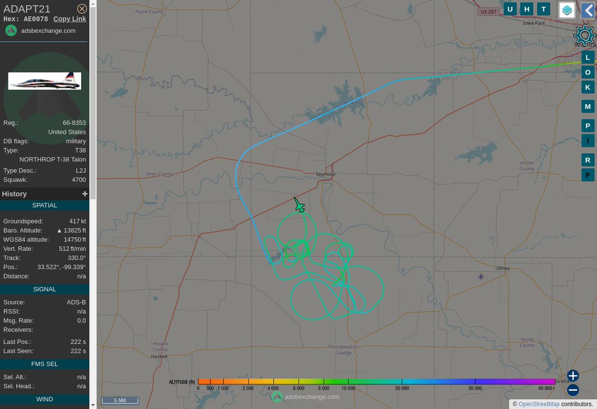 MULTI ADSBX MANOEUVRING ALERT : At time Tue Jul 18 21:01:03 2023 #ADAPT21  was likely to be manoeuvring at FL138 22nm from AKL Haskell_NDB_US
 near County Road 465, Baylor County, Texas, United Stat #AvGeek #ADSB globe.adsbexchange.com/?icao=AE0078&z…