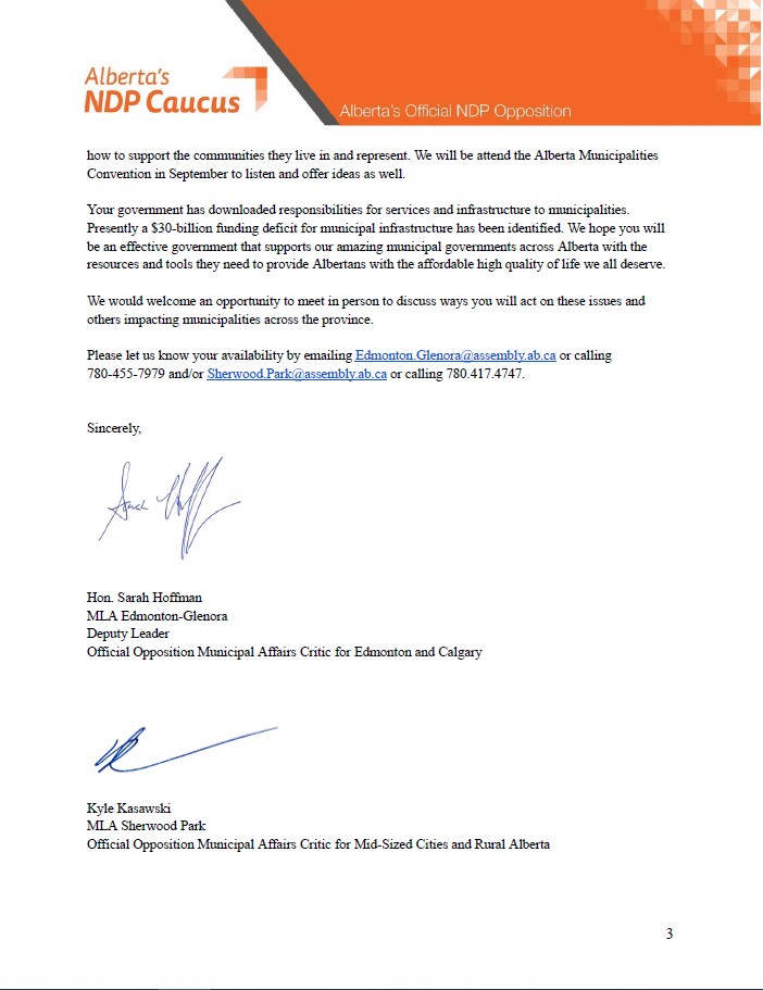Minister McIver has yet to receive a mandate letter from the Premier. So, <a href="/kylekasawski/">Kyle Kasawski</a> and I took the opportunity to reach out as the Municipal Affair Critics and highlight some key challenges facing Alberta municipalities. Take a look at the letter we sent, below. 👇 #ableg