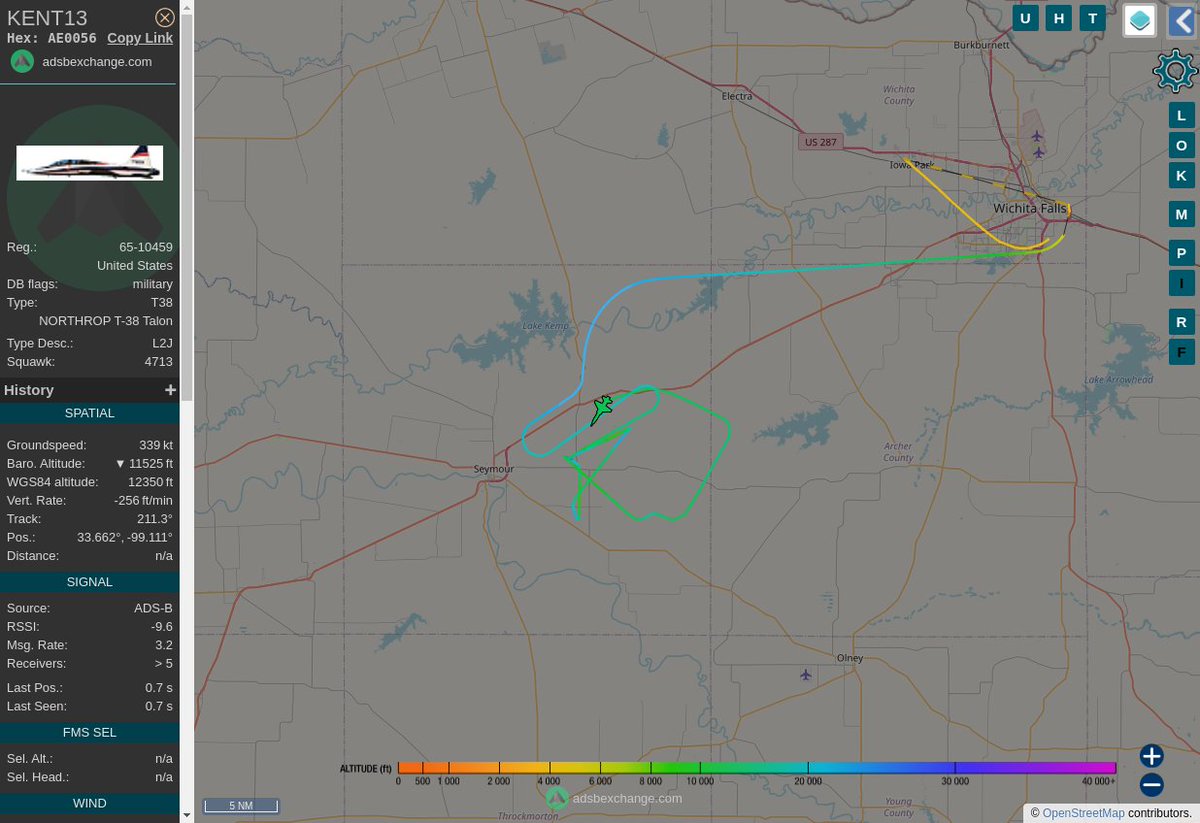 MULTI ADSBX MANOEUVRING ALERT : At time Tue Jul 18 21:01:03 2023 #KENT13   was likely to be manoeuvring at FL121 23nm from ONY Olney_NDB_US
 near County Road 210, Baylor County, Texas, 76380, Unit #AvGeek #ADSB globe.adsbexchange.com/?icao=AE0056&z…