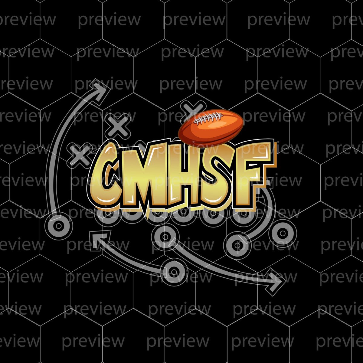 Design Description: In the foreground, position the text 'CMHSF' prominently. Use a bold and elegant font for the letters, and color them in gold to match the client's request. Ensure the letters are easily readable against the background. Place the football diagram in the…