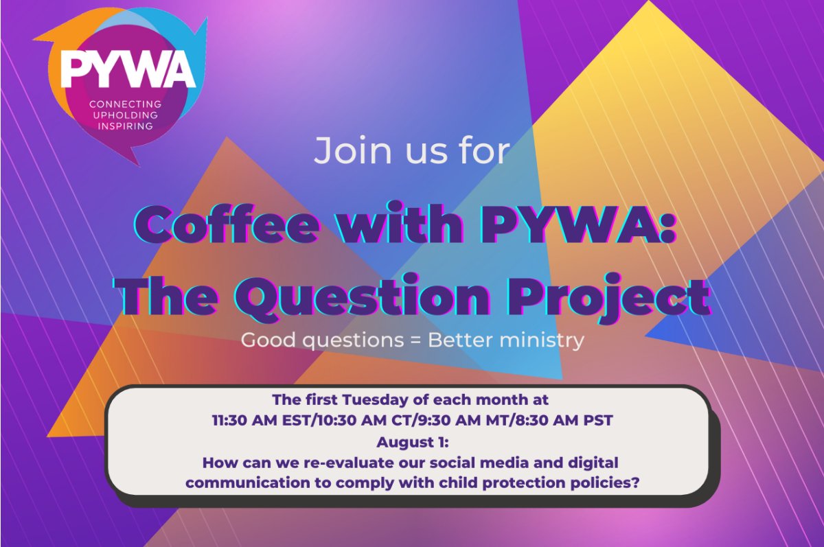 PYTRIENNIUM's tweet photo. Coffee with @PYWA_PCUSA is back on Tuesday, August 1st. Gather to discuss “Observable and Interruptible: How to re-evaluate your social media and digital communication to comply with child protection policies.” Zoom link will be posted on https://t.co/nTtlBqSolX on August 1st. https://t.co/M5zwCYAIMe