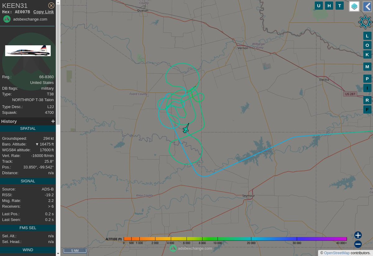 MULTI ADSBX MANOEUVRING ALERT : At time Tue Jul 18 21:01:02 2023 #KEEN31   was likely to be manoeuvring at FL145  
 near Farm-to-Market Road 267N, Knox County, Texas, Unit #AvGeek #ADSB globe.adsbexchange.com/?icao=AE007B&z…