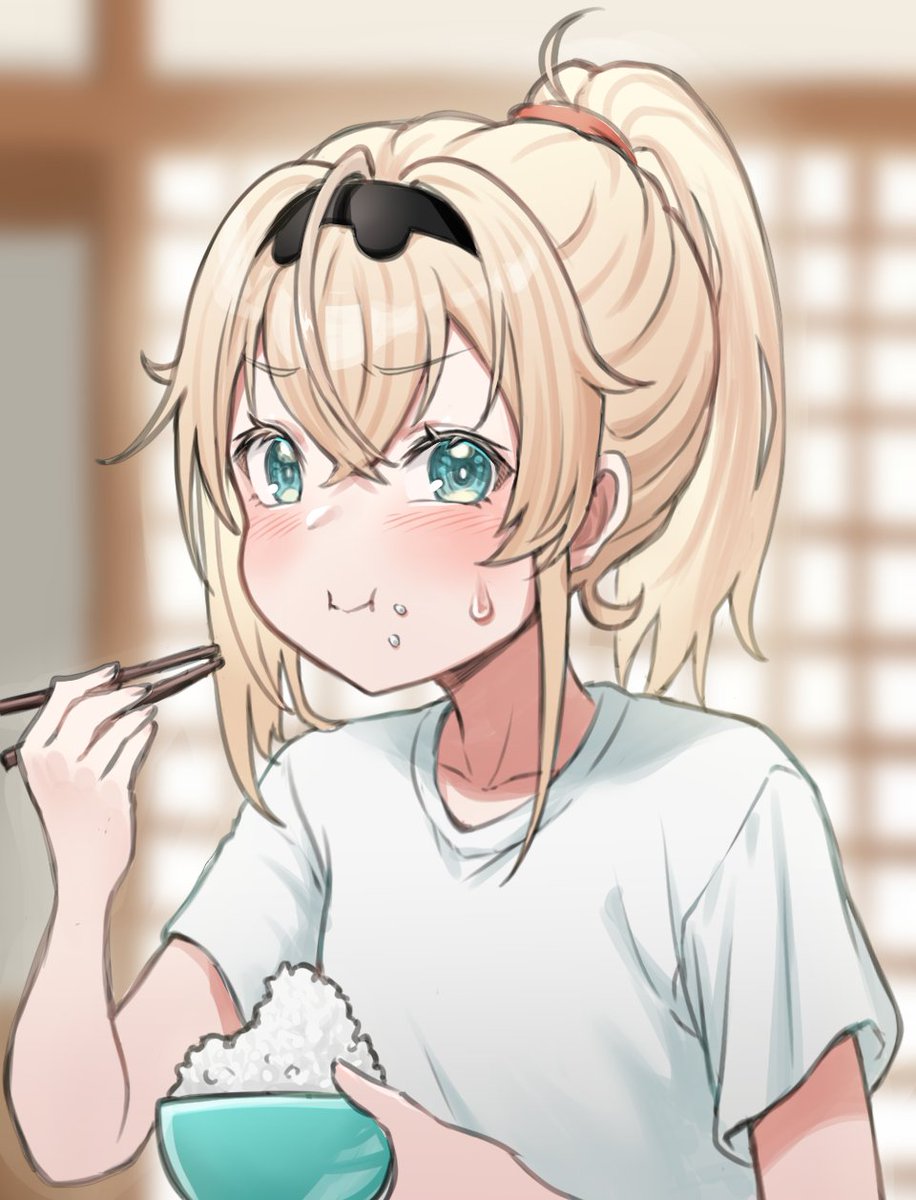 kazama iroha 1girl blonde hair solo ponytail eating shirt food on face  illustration images