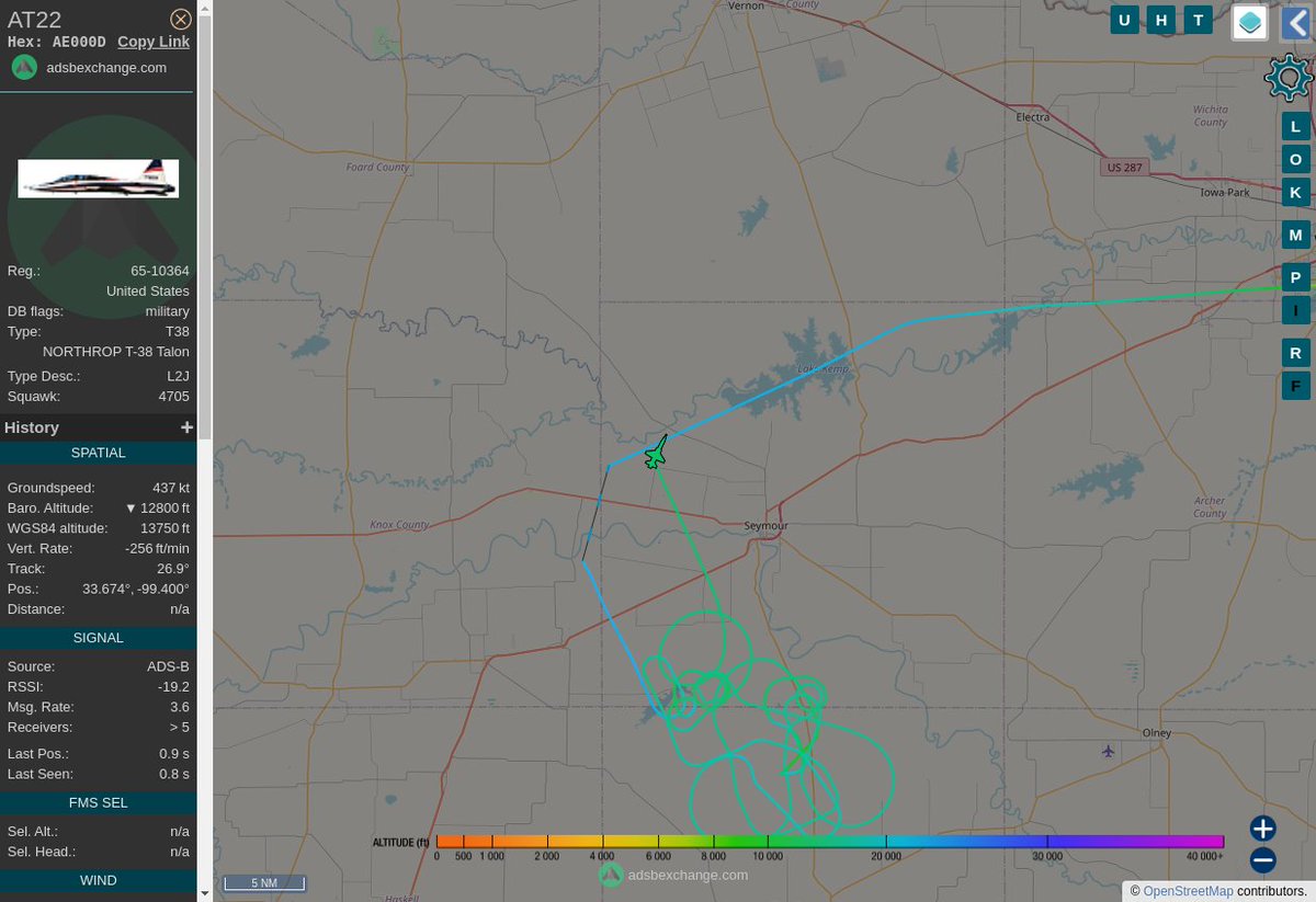 MULTI ADSBX MANOEUVRING ALERT : At time Tue Jul 18 21:01:02 2023 #AT22     was likely to be manoeuvring at FL138 22nm from AKL Haskell_NDB_US
 near County Road 465, Baylor County, Texas, United Stat #AvGeek #ADSB globe.adsbexchange.com/?icao=AE000D&z…