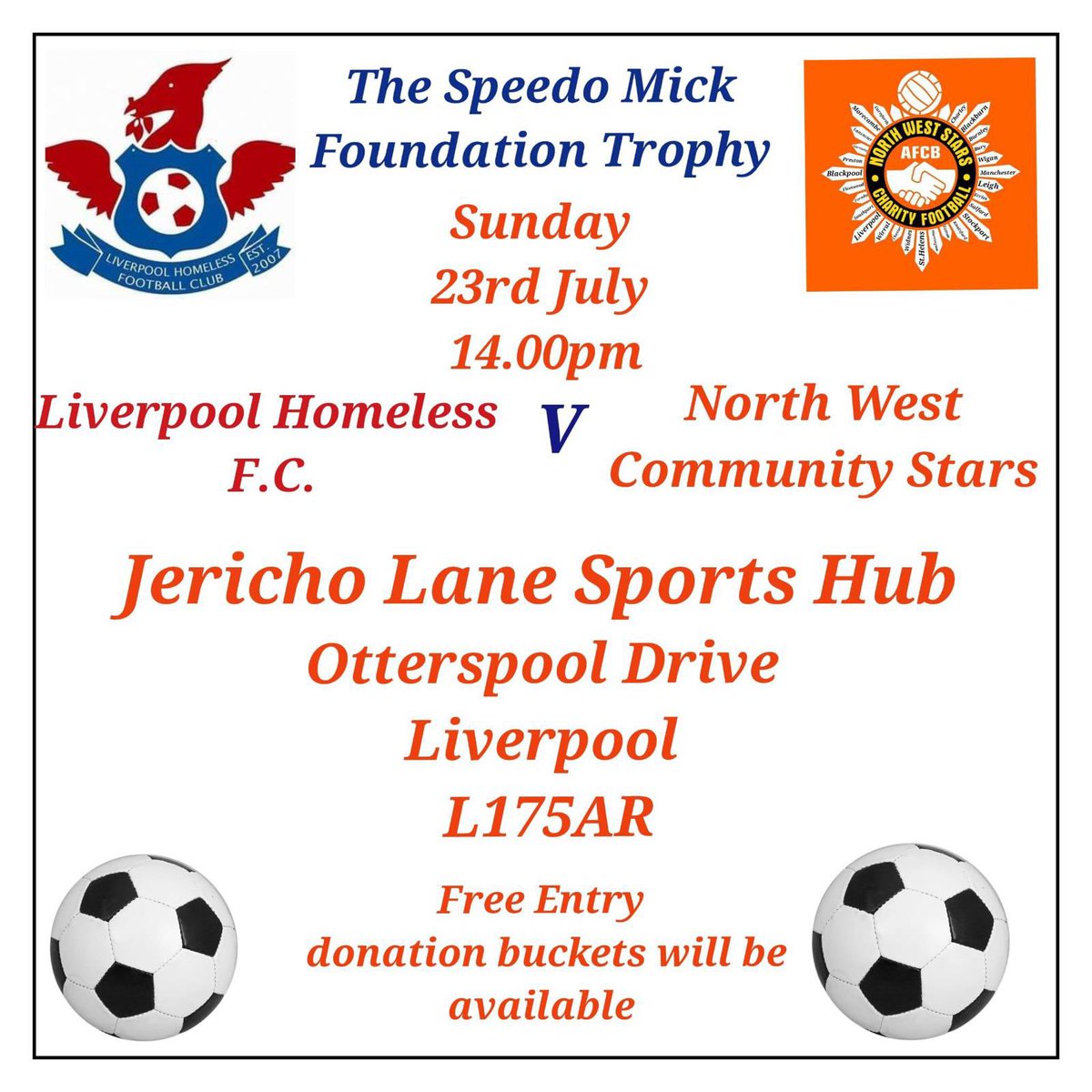 If your at a loose end this Sunday 23rd July why not come and Support Liverpool Homeless Football Clubs charity match @JerichoLanehub 2 o'clock Kick off, its going to be a great day lots of footy, fun, and fundraising