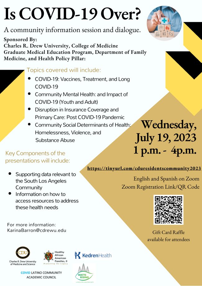 Join us on Wednesday, July 19 for a information session and dialogue about the COVID-19. See flyer for more information.
-----
Únase a nosotros el miércoles 19 de julio para una sesión de información y diálogo sobre el COVID-19. Consulte el folleto para obtener más información.