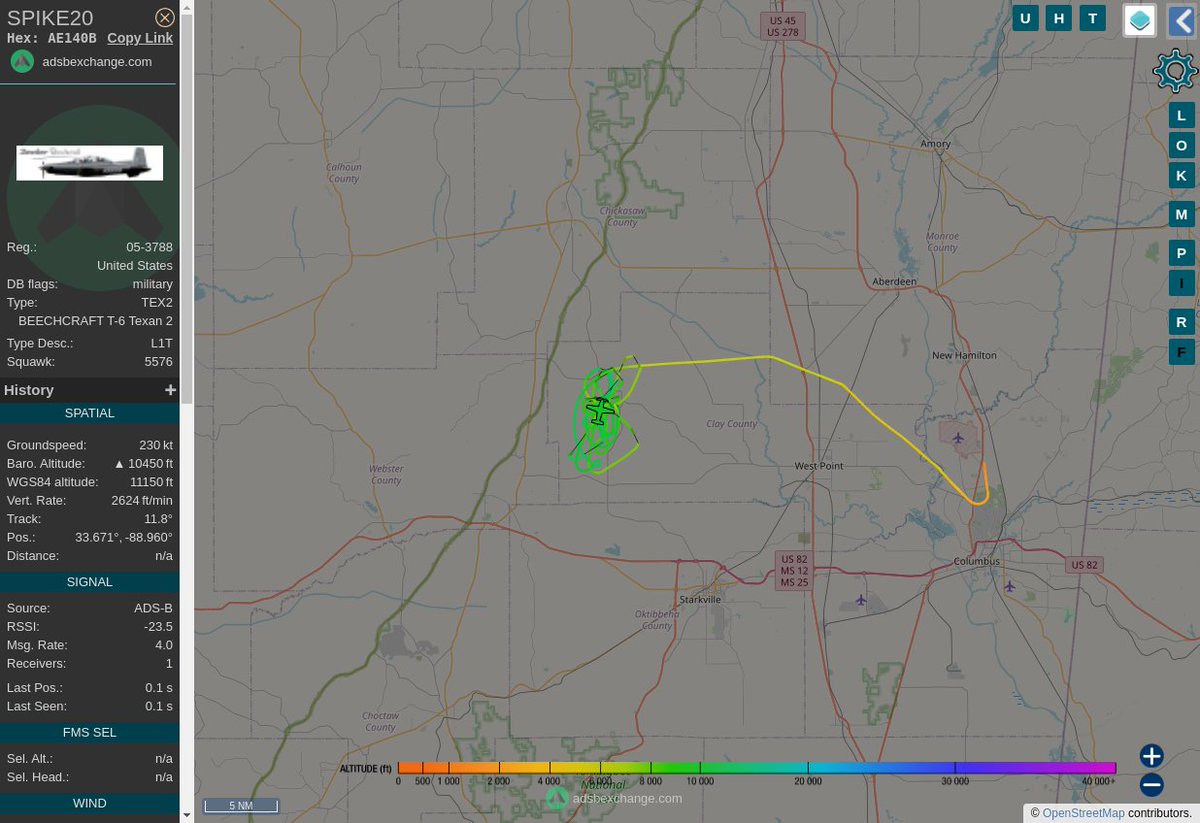 MULTI ADSBX MANOEUVRING ALERT : At time Tue Jul 18 21:01:03 2023 #SPIKE20  was likely to be manoeuvring at FL100 14nm from STF Bryan_NDB_US
 near Walker Sanders Road, Walkers Gin, Clay County, Mis #AvGeek #ADSB globe.adsbexchange.com/?icao=AE140B&z…