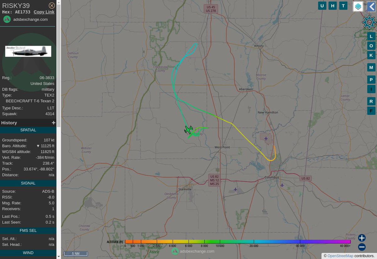 MULTI ADSBX MANOEUVRING ALERT : At time Tue Jul 18 21:01:03 2023 #RISKY39  was likely to be manoeuvring at FL149 21nm from STF Bryan_NDB_US
 near Brand-Una Road, Barrs Mill, Clay County, Mississip #AvGeek #ADSB globe.adsbexchange.com/?icao=AE1733&z…