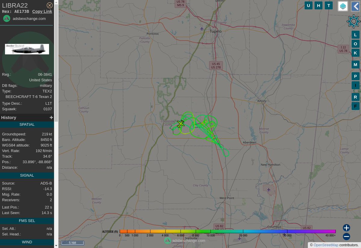 MULTI ADSBX MANOEUVRING ALERT : At time Tue Jul 18 21:01:03 2023 #LIBRA22  was likely to be manoeuvring at FL106 16nm from TU Veron_NDB_US
 near County Road 402, Buena Vista, Chickasaw County, Mi #AvGeek #ADSB globe.adsbexchange.com/?icao=AE173B&z…