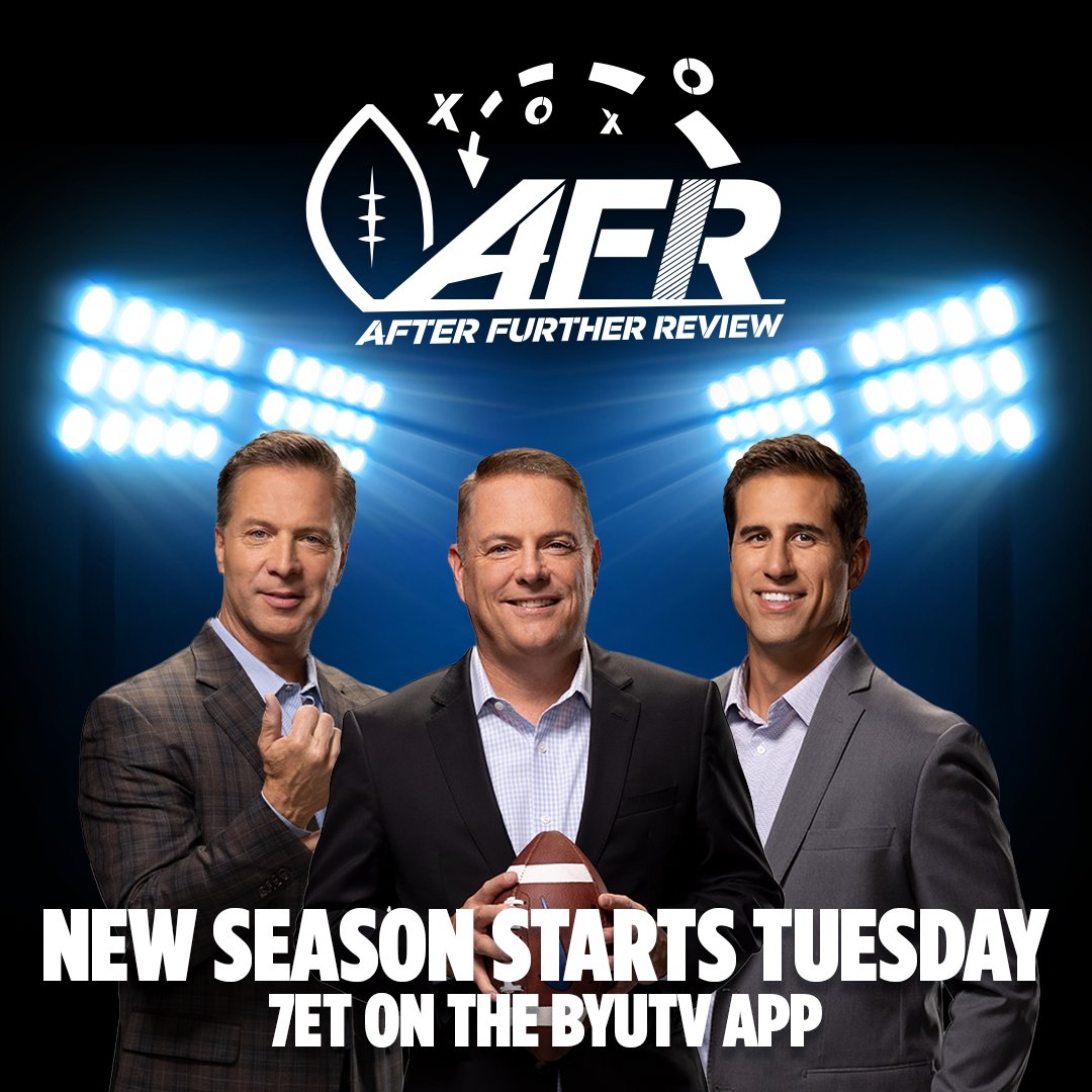 BYUSportsNation's tweet photo. Tune in Tuesday at 7ET as @bfowler16, @DaveMcCannTV, and @D_Nixon kick off a new season of After Further Review on the BYUtv app 🏈💥
#BYUAFR | #BYUFOOTBALL https://t.co/FtumCkKU6I