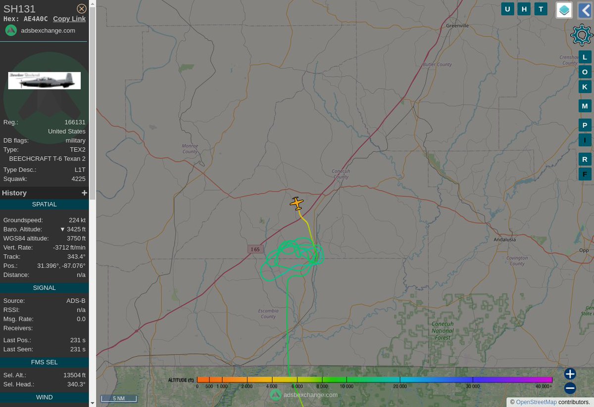 MULTI ADSBX MANOEUVRING ALERT : At time Tue Jul 18 21:01:03 2023 #SH131    was likely to be manoeuvring at FL133 17nm from MVC Monroeville_VORTAC_US
 near London, Conecuh County, Alabama, 36432, United Sta #AvGeek #ADSB globe.adsbexchange.com/?icao=AE4A0C&z…