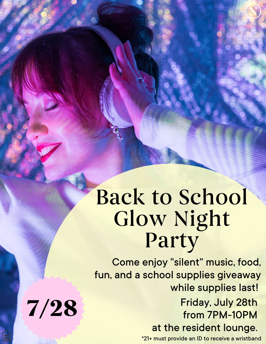 Join us for a Back To School Glow Night Party at Glenn Perimeter! Friday, July 28 at 7 PM in the Resident Lounge. #WeLoveOurResidents #BackToSchool #SandySprings #LoveWhereYouLive #LuxuryRentals #GlennPerimeter #ApartmentLiving #ResidentEvents #Community