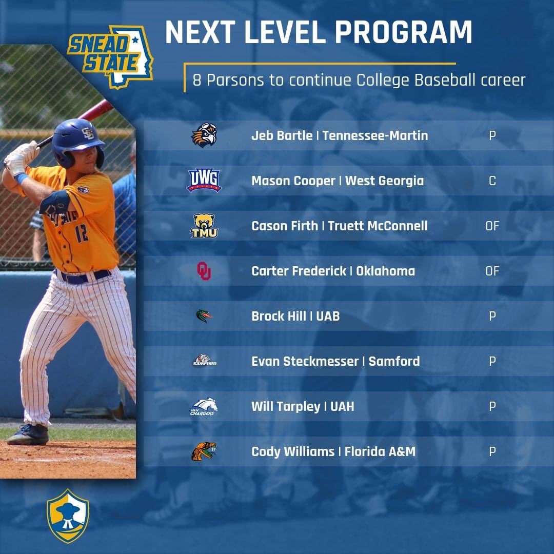 Congrats to these eight guys who are committed to continuing their College Baseball careers at four-year institutions! #GoParsons #SneadAthletics